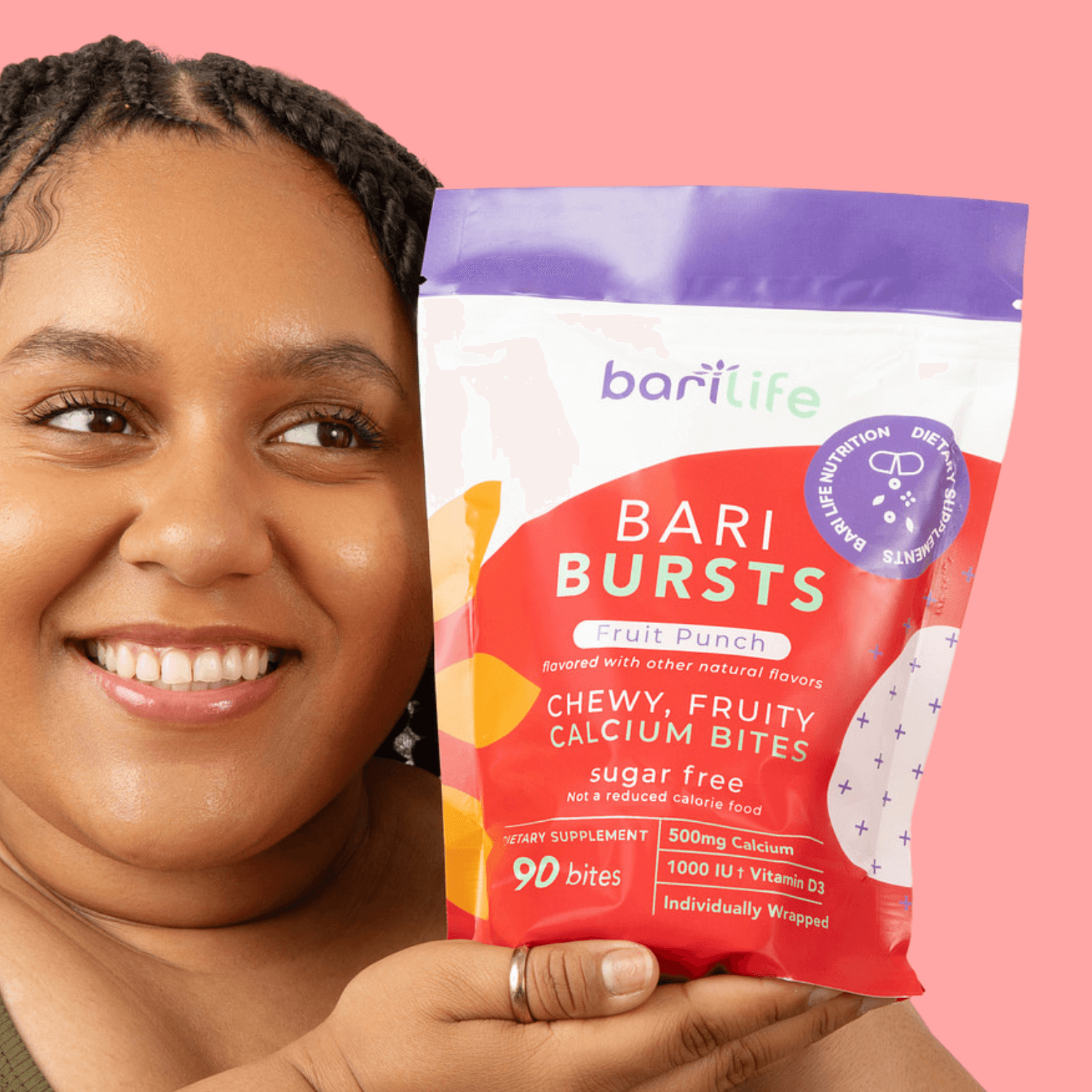 BariBurst Calcium Chews in Fruit Punch flavor, sugar-free, chewy, 90 bites, 500mg calcium, 1000 IU vitamin D